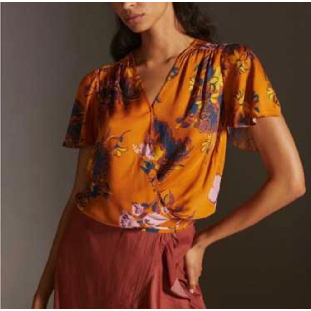 Tiny Anthropologie Orange floral flutter sleeve short sleeve blouse boho